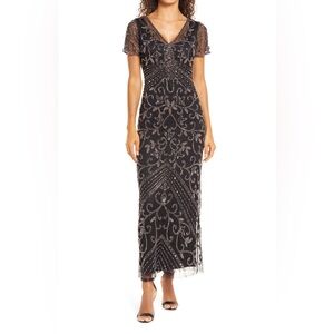 Pisarro Nights Beaded Mesh Column Gown in Black